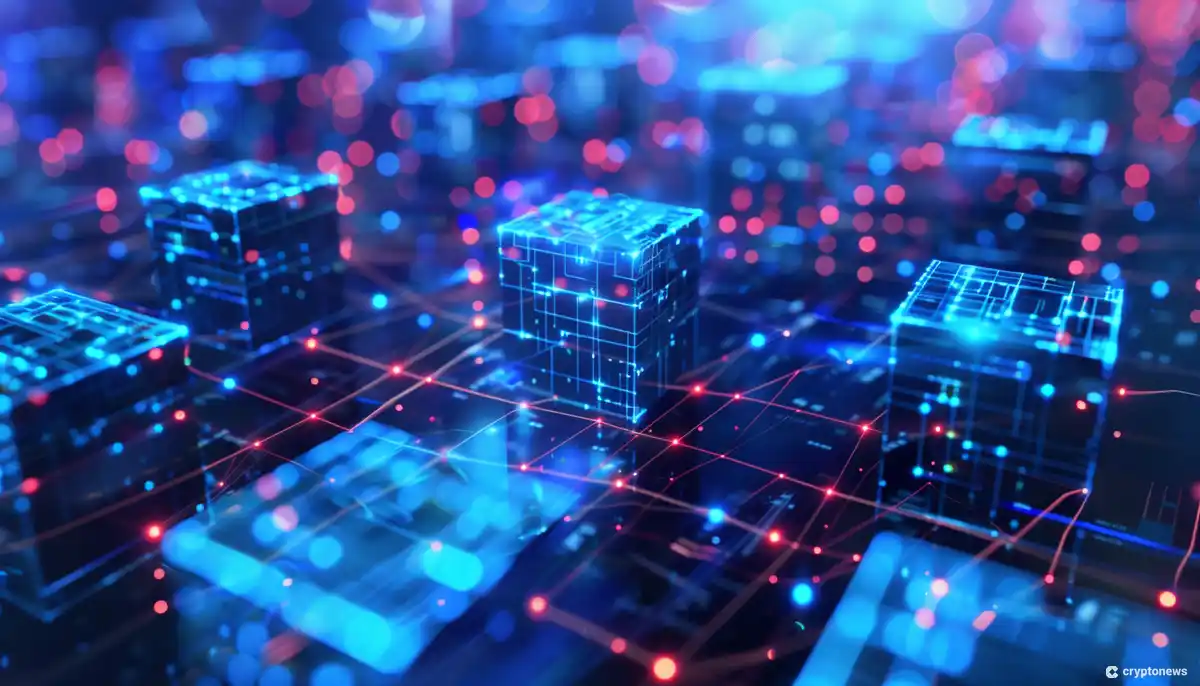 An abstract digital illustration depicting a futuristic network of glowing blue cubes interconnected by red and blue lines, representing the cutting-edge technology behind Eigenlayer's Mainnet launch which has attracted major node operators like Coinbase Cloud and Google Cloud to join its ecosystem.
