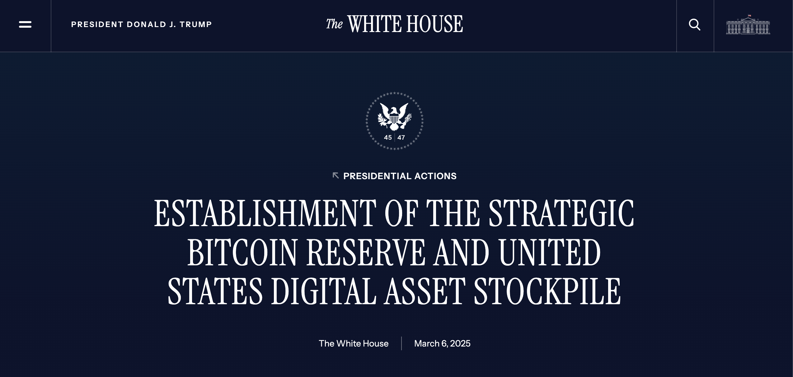 Trump firma la orden ejecutable creando una reserva estratégica de bitcoin, 6. marzo de 2025. | Fuente: Whitehouse.gov