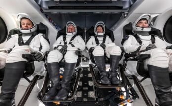 The crew of NASA’s SpaceX Crew-11 mission train for their upcoming trip to the International Space Station at SpaceX facilities in Florida. From left: Oleg Platonov, Mike Fincke, Zena Cardman, and Kimiya Yui.