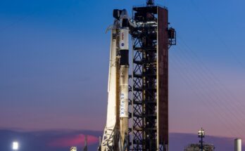 a white rocket stands upright on a launch pad at sunset
