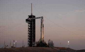 A SpaceX Falcon 9 rocket with the company’s Dragon spacecraft on top is seen during sunrise on the launch pad at Launch Complex 39A at NASA’s Kennedy Space Center in Florida on Thursday, July 31, 2025, ahead of the agency’s SpaceX Crew-11 launch.