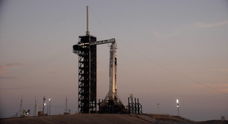 A SpaceX Falcon 9 rocket with the company’s Dragon spacecraft on top is seen during sunrise on the launch pad at Launch Complex 39A at NASA’s Kennedy Space Center in Florida on Thursday, July 31, 2025, ahead of the agency’s SpaceX Crew-11 launch.