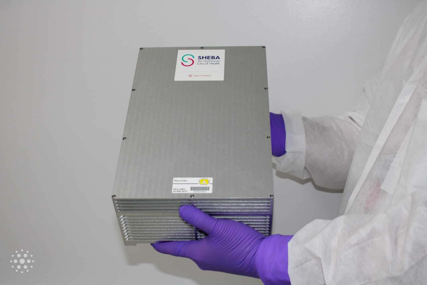 Las manos que transportan guantes violetas para el látex manejan varias piezas de equipos de metal y botellas de laboratorio como parte de un estudio científico.