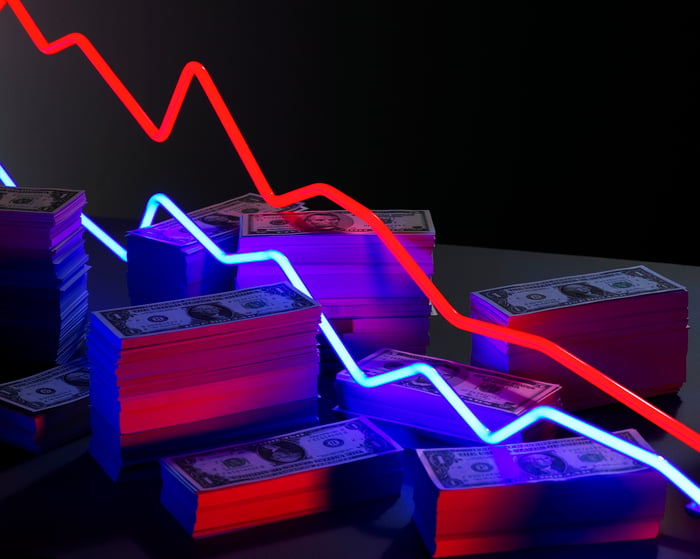 Gráfico de líneas que descienden sobre un montón de efectivo.