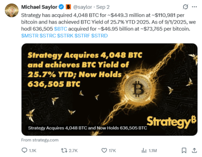 La estrategia anunció BTC de regreso a X.