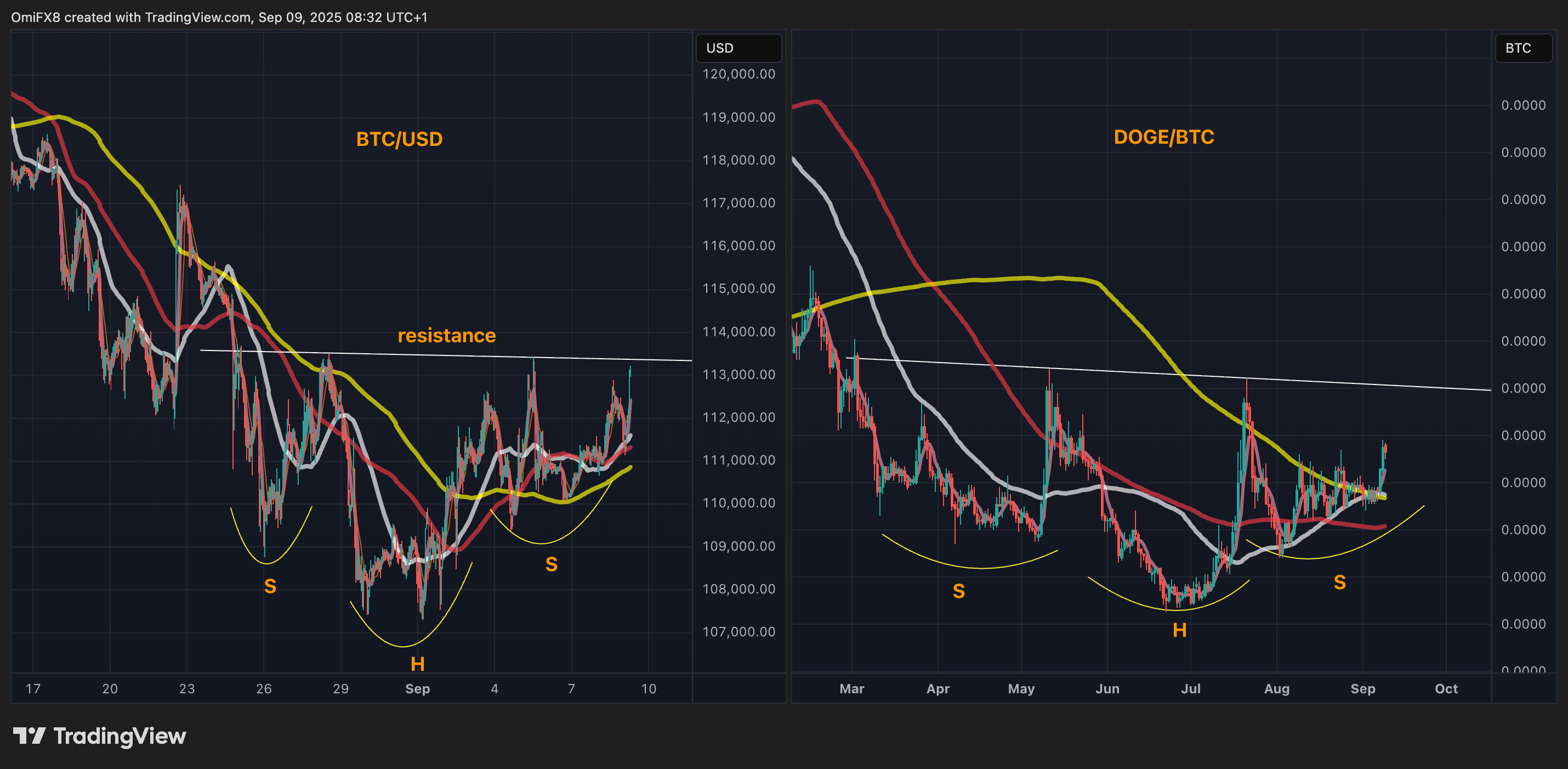 Los gráficos BTC / USD y DOGE / BTC muestran el precio de un toro. (TradingView / CoinDesk)