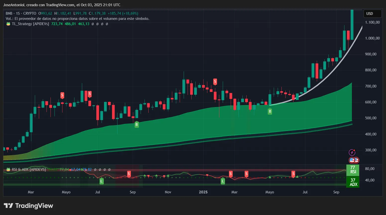 Datos sobre el precio del BNB. Imagen: TradingView