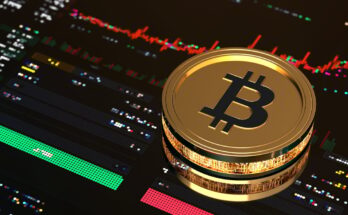 A big golden Bitcoin sits on top of a tablet computer displaying stock price data.