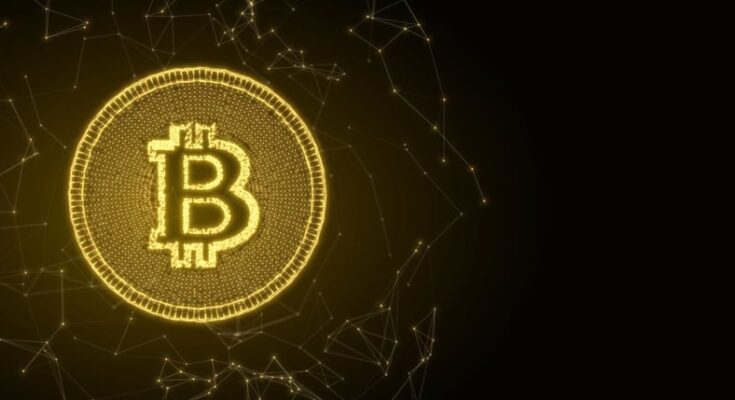 Bitcoin logo on gold token.