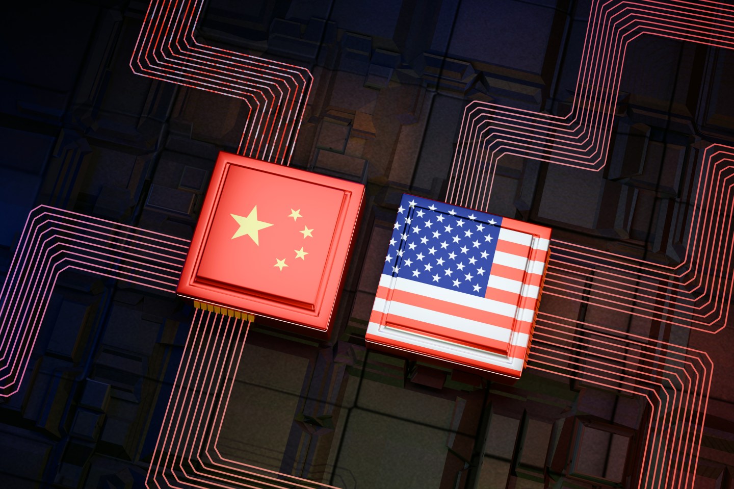 Ilustración generada digitalmente de una guerra tecnológica entre Estados Unidos y China con las banderas de ambas naciones como componentes de chips. (Ilustración: Wong Yu Liang)