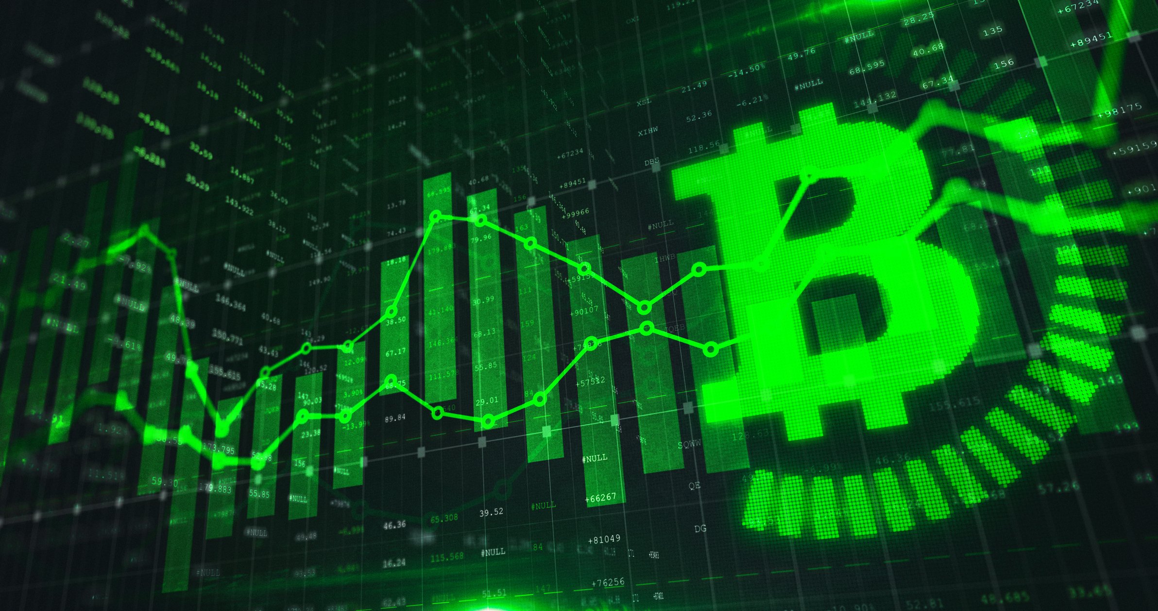 Logotipo verde de Bitcoin con gráfico moviéndose hacia arriba.