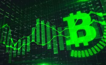 Green Bitcoin logo with chart moving higher.