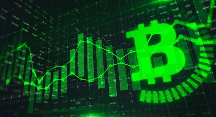 Green Bitcoin logo with chart moving higher.