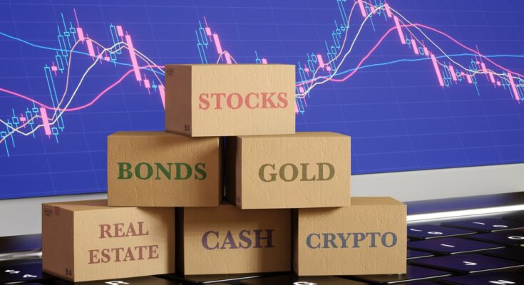 A stack of wooden blocks on a keyboard displaying asset classes, including stocks, bonds, gold, real estate, cash, and cryptocurrency, with a candlestick chart in the background.