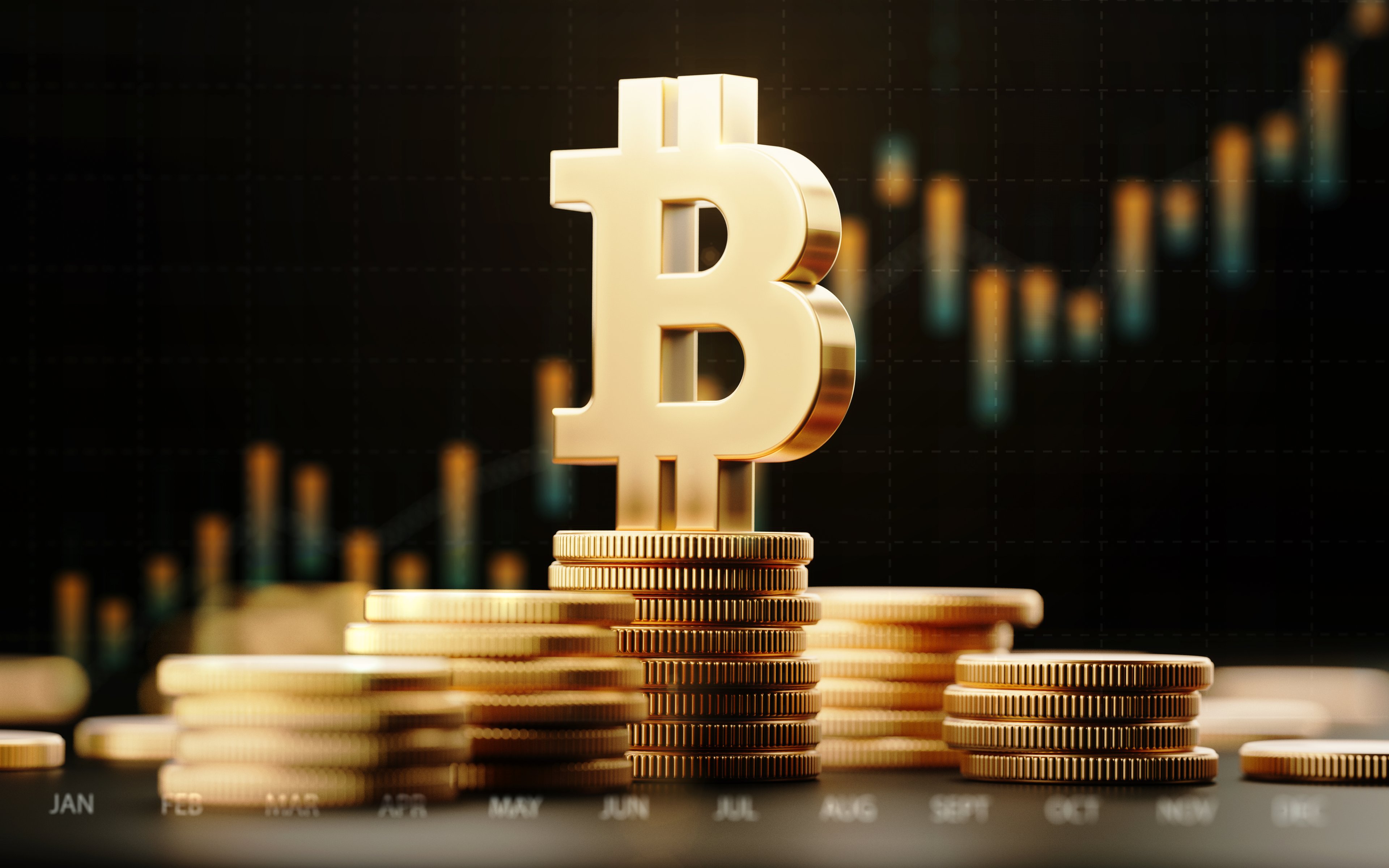Un gran logotipo dorado de Bitcoin sobre una pila de monedas apiladas.