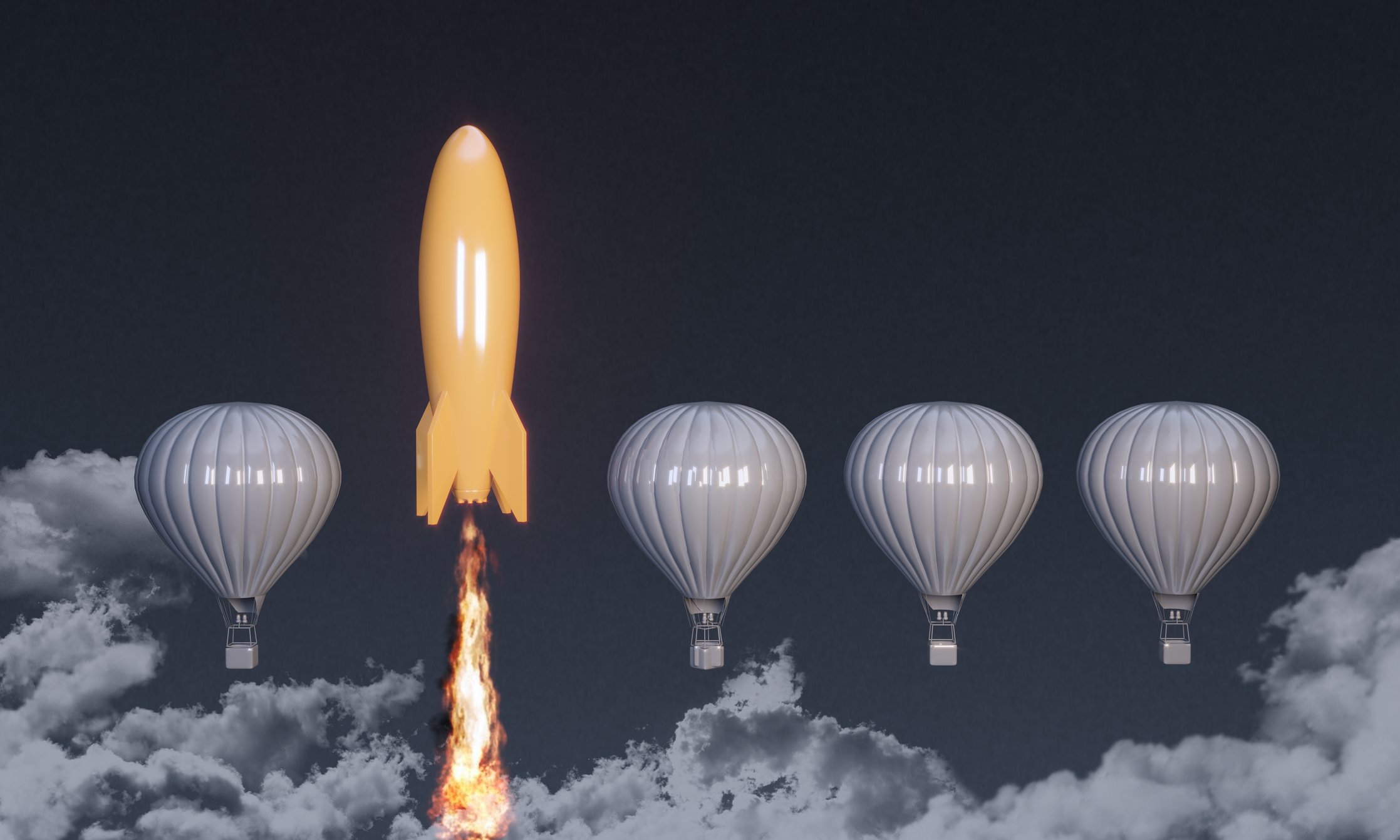 Un cohete pasa volando junto a un globo aerostático.