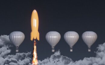 Rocket ship soaring past hot air balloons.