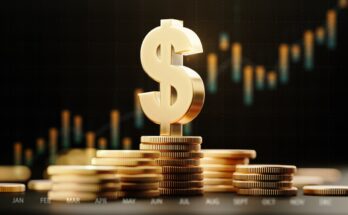 A gold dollar sign on top of stacked gold coins with an upward-trending price chart in the background.