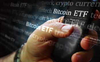 A hand holds a smartphone against a background with the words Bitcoin ETF repeated.