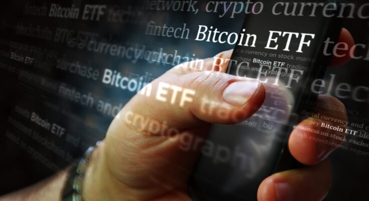 A hand holds a smartphone against a background with the words Bitcoin ETF repeated.
