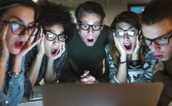 Group of shocked-looking people looking at computer screen.