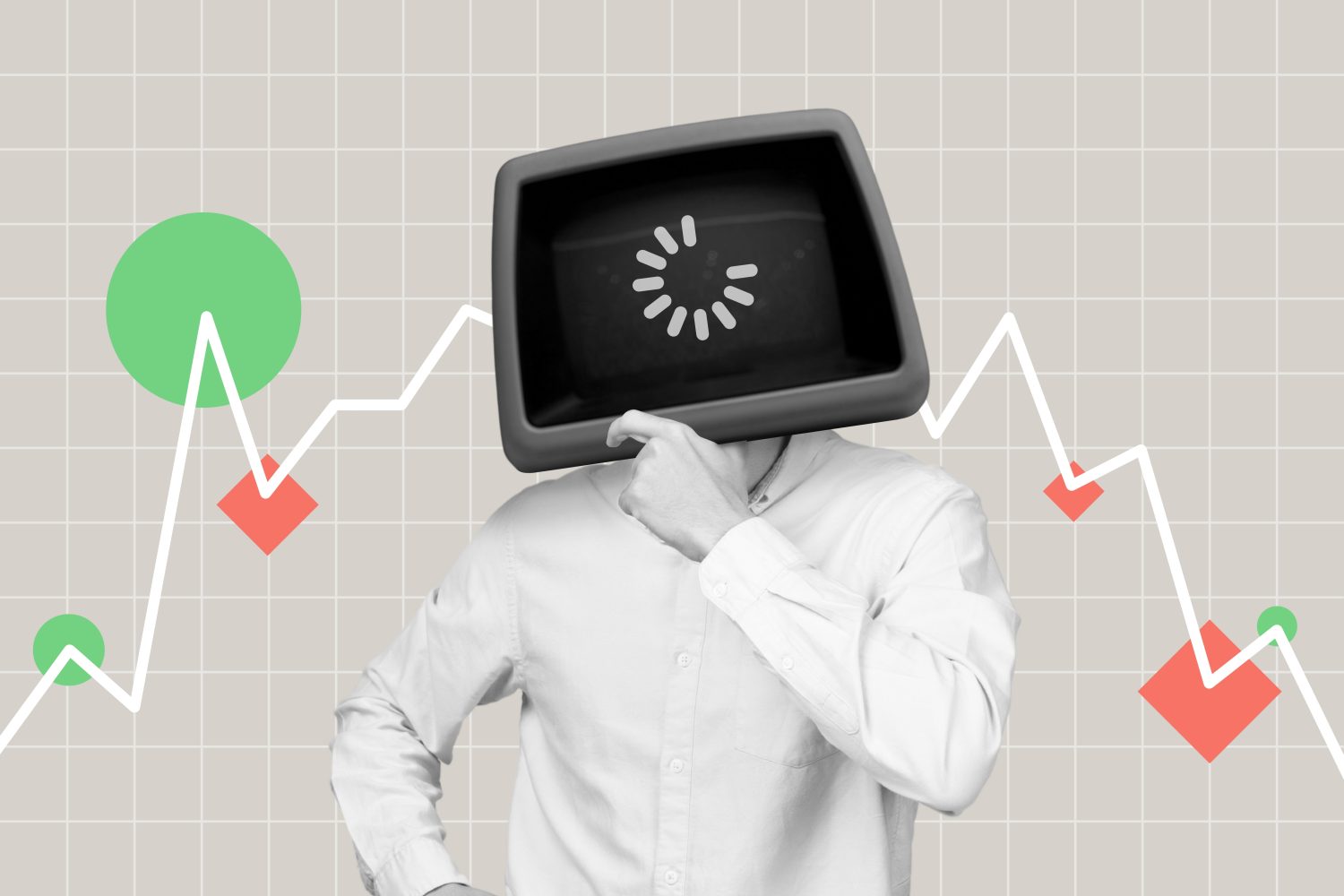 La IA analiza la tendencia del mercado visualizada por una persona con un monitor retro y un ícono de carga en la pantalla. Movimiento del gráfico de líneas del precio de las acciones analizado por símbolo geométrico. Collage digital en blanco y negro.