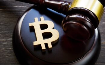 The Bitcoin symbol with a gavel next to it.