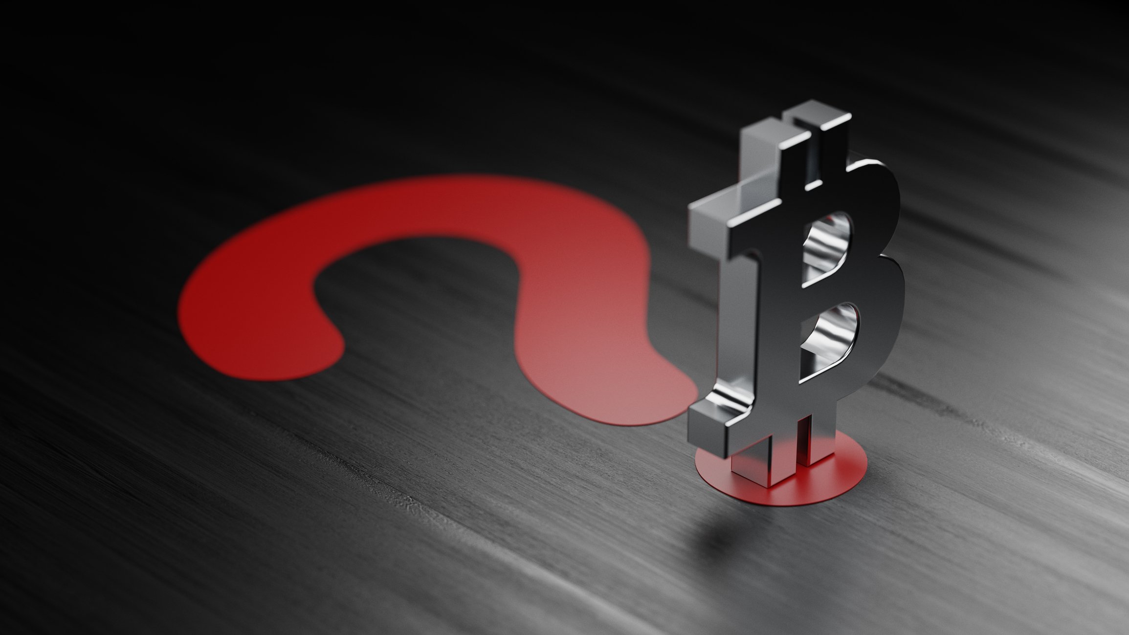 Una figura plateada con el logo de Bitcoin sobre un gran signo de interrogación rojo.