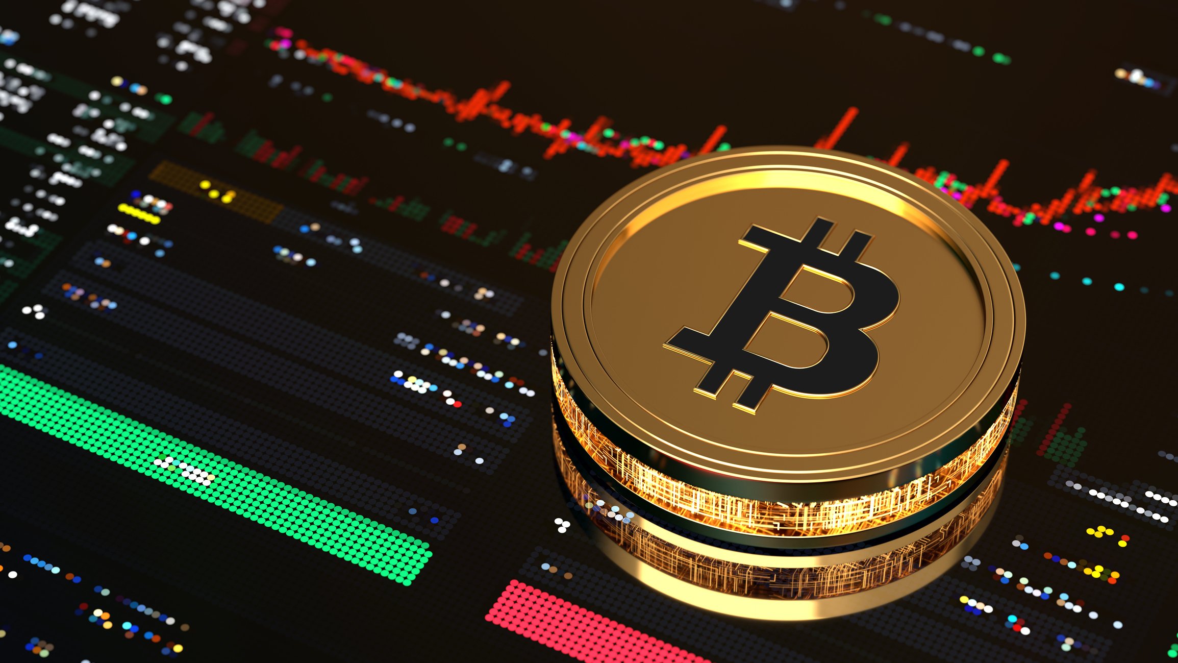Bitcoin dorado en la parte superior de la pantalla de comercio digital.