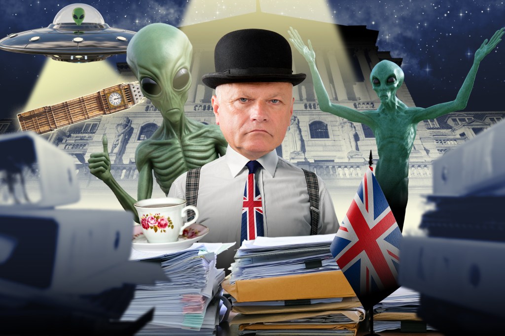 Un collage de un hombre con bombín y corbata Union Jack, con extraterrestres, un ovni, el Big Ben y el Banco de Inglaterra al fondo.