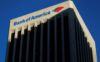 The Bank of America building is shown in Los Angeles, California