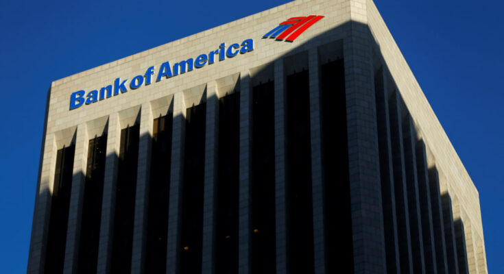 The Bank of America building is shown in Los Angeles, California