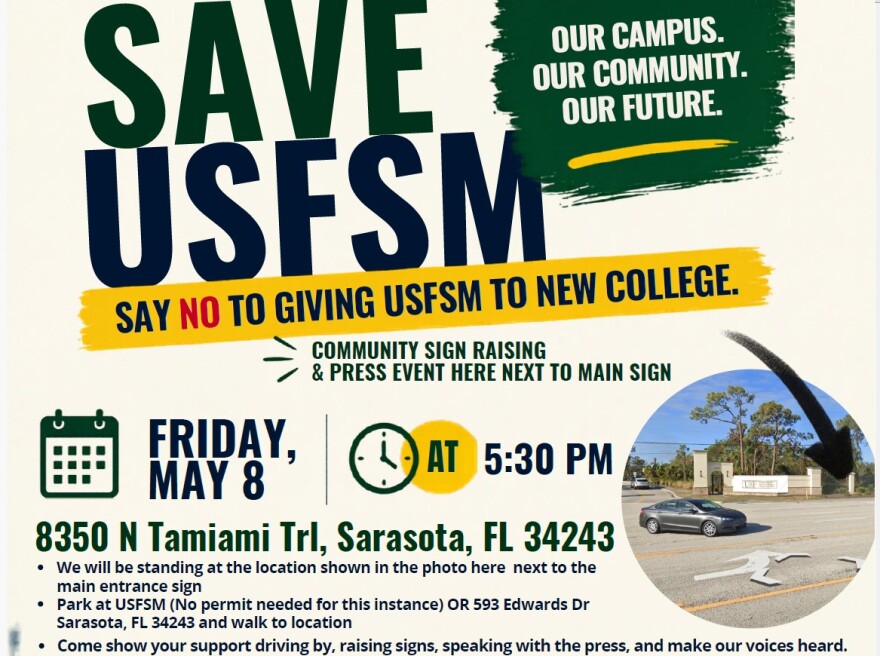 El volante dice Save USF SM y anuncia el evento agitando un cartel el viernes 8 de mayo a las 5:30