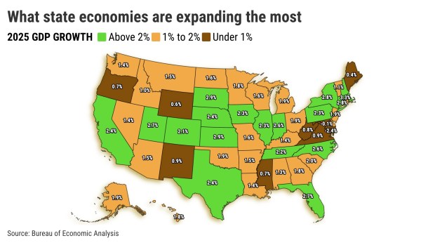 He aquí un vistazo a qué economías estatales se están expandiendo más, según lo medido por el PIB. (Florecimiento gráfico) 
