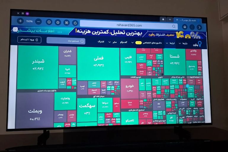 La pantalla muestra un mar verde en la Bolsa de Valores de Teherán. El mercado batió récords históricos, superando la marca de los cinco millones tras el anuncio del acuerdo entre Estados Unidos e Irán.