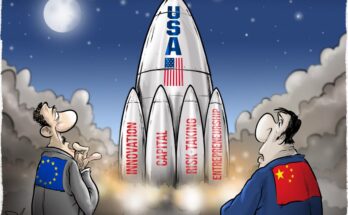 A rocket labeled “USA” launches into space, powered by innovation, entrepreneurship, capital and risk-taking.