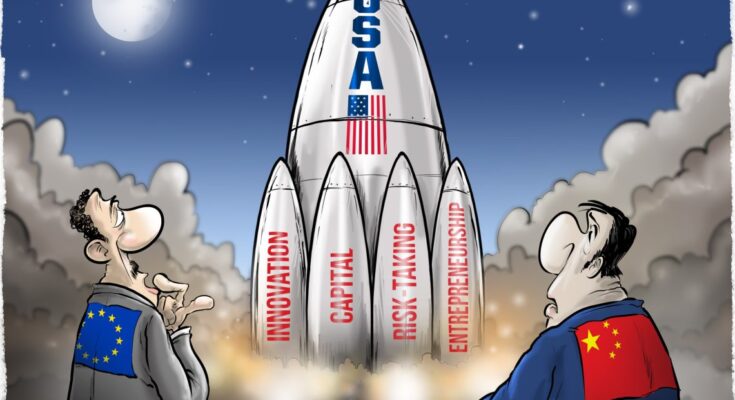 A rocket labeled “USA” launches into space, powered by innovation, entrepreneurship, capital and risk-taking.